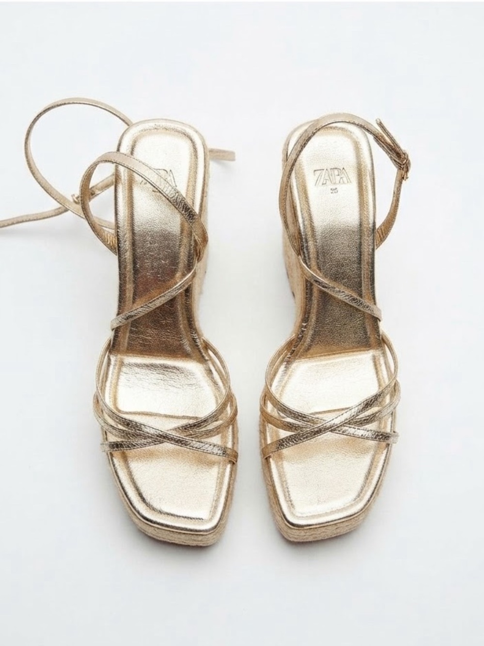 ZARA Metallic Gold Strappy Platform Espadrille Wedges (Size EU 38 / US 7.5)